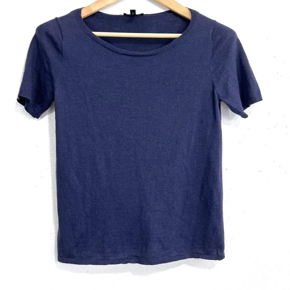 Eileen Fisher Navy Short Sleeve Wool Scoop Neck Sweater, Small. - Picture 1 of 8